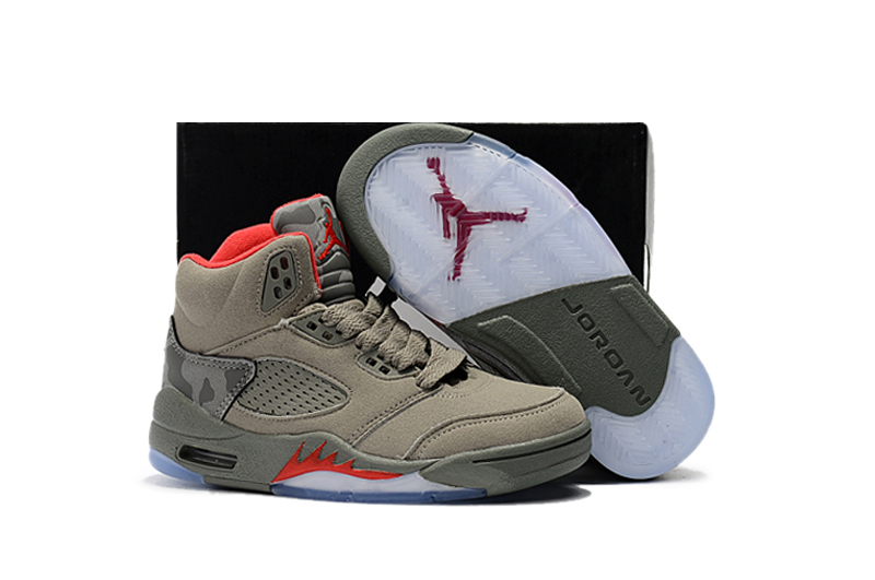 Kids Air Jordan 5 Army Green Red Shoes - Click Image to Close